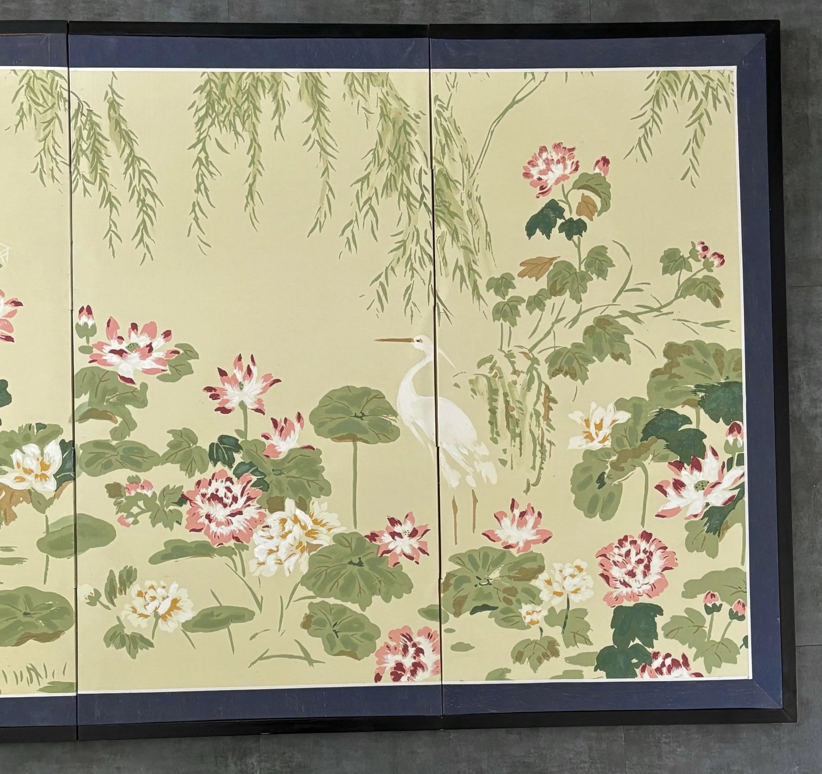 Antique Japanese Byobu Four-Panel "Lotus and Heron" Screen - 4