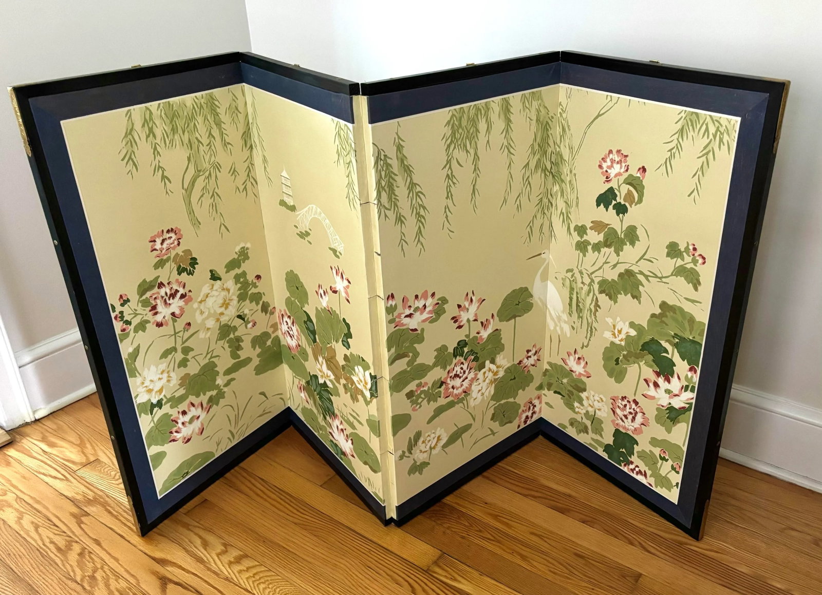 Antique Japanese Byobu Four-Panel "Lotus and Heron" Screen - 6