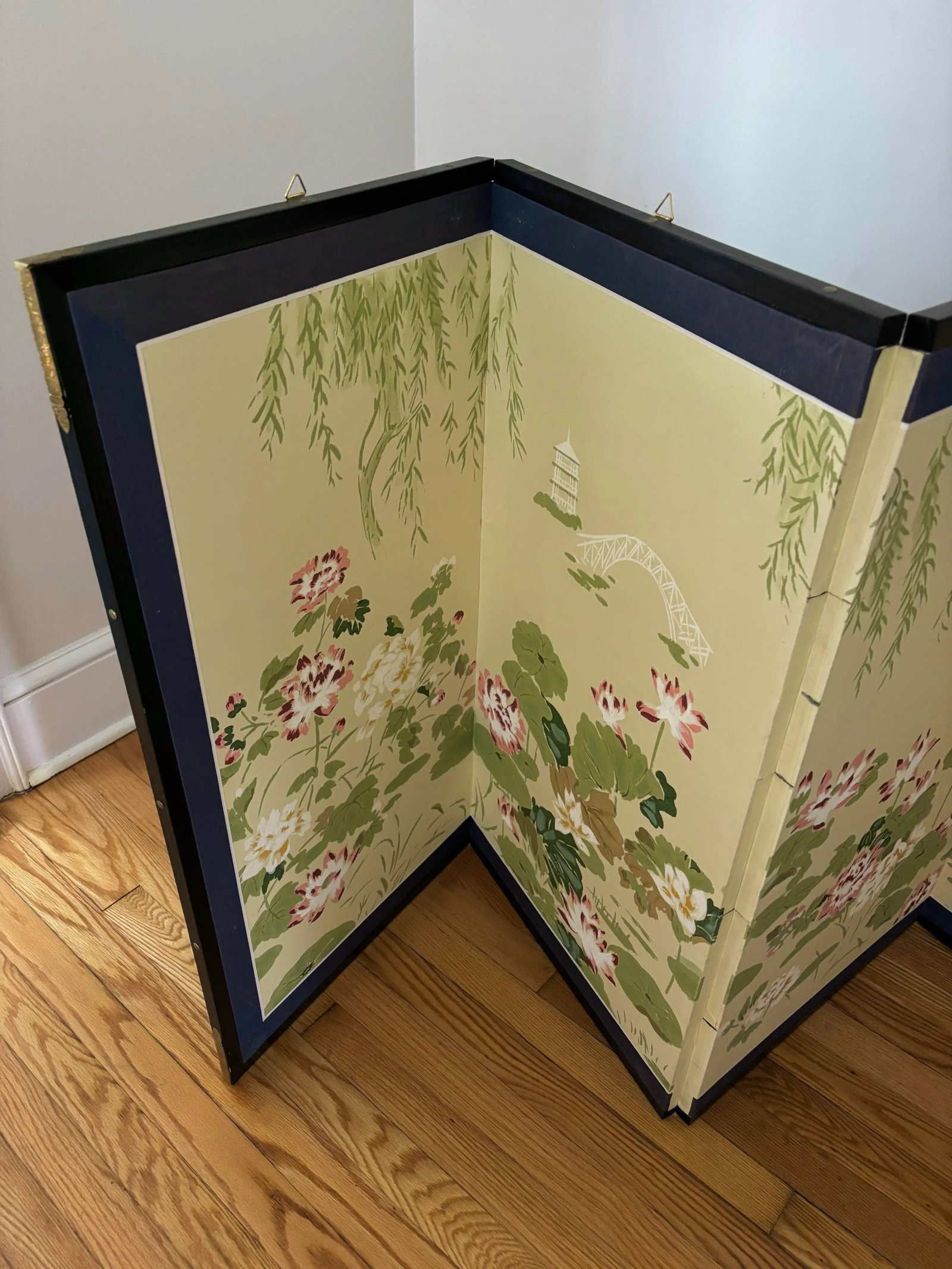 Antique Japanese Byobu Four-Panel "Lotus and Heron" Screen - 7