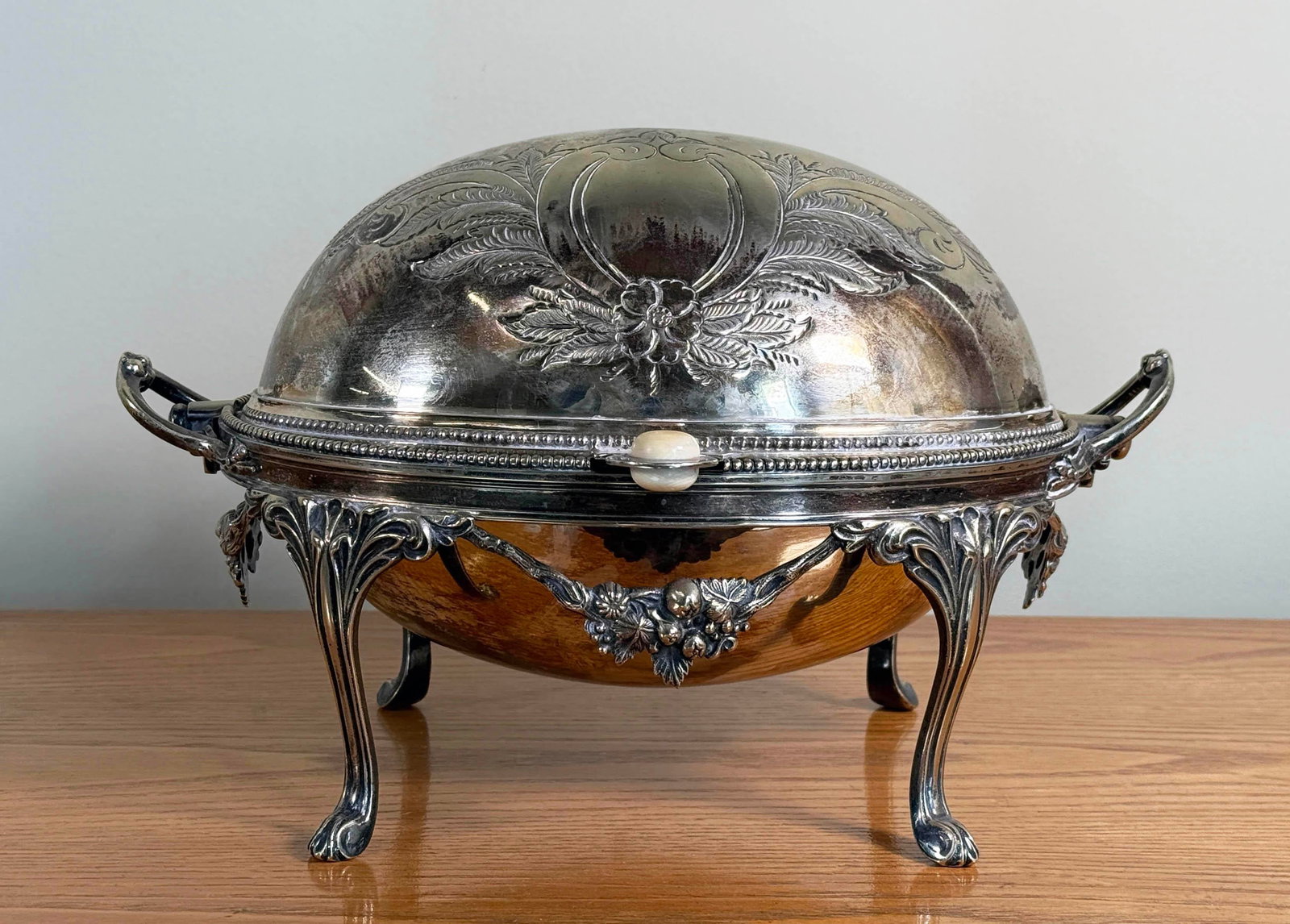 Antique Silver Plated Domed Roll Top Serving Dish W/ Pierced Insert - 2