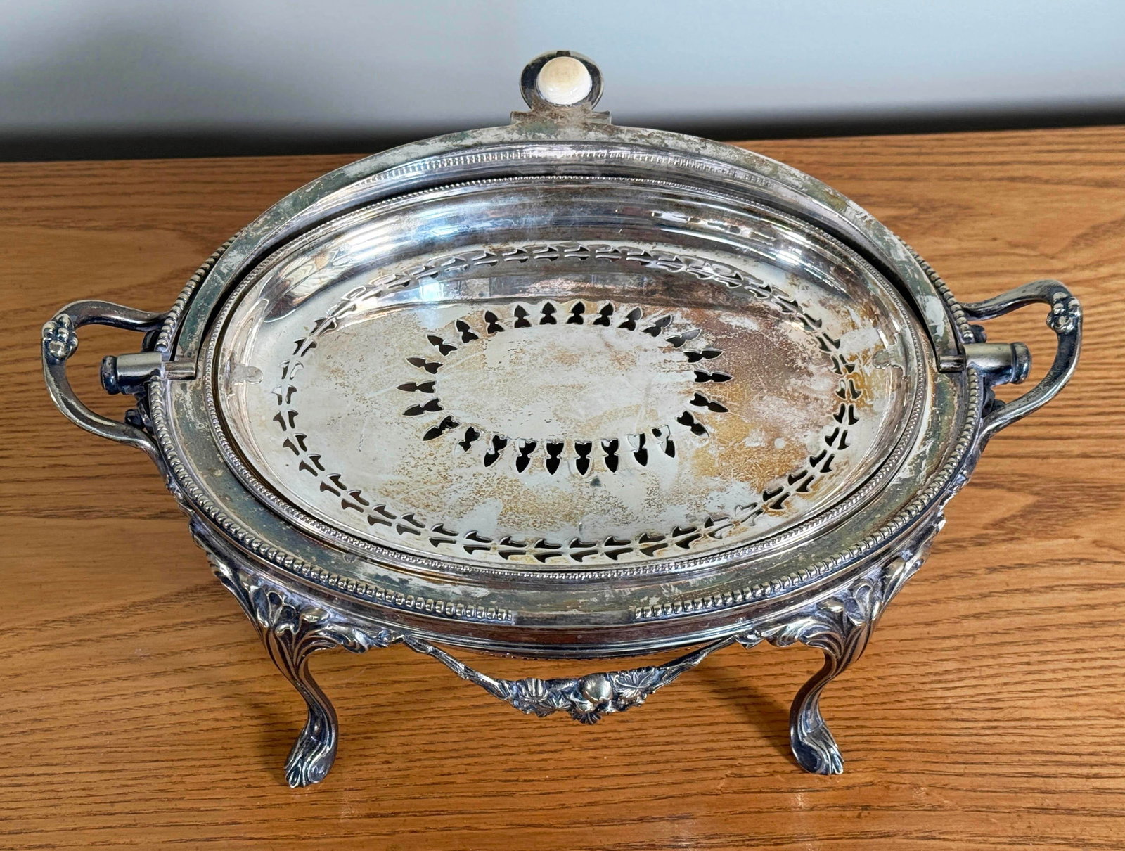 Antique Silver Plated Domed Roll Top Serving Dish W/ Pierced Insert - 4