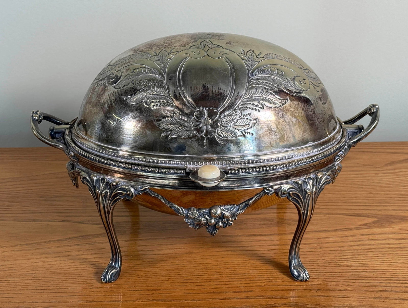 Antique Silver Plated Domed Roll Top Serving Dish W/ Pierced Insert - 5