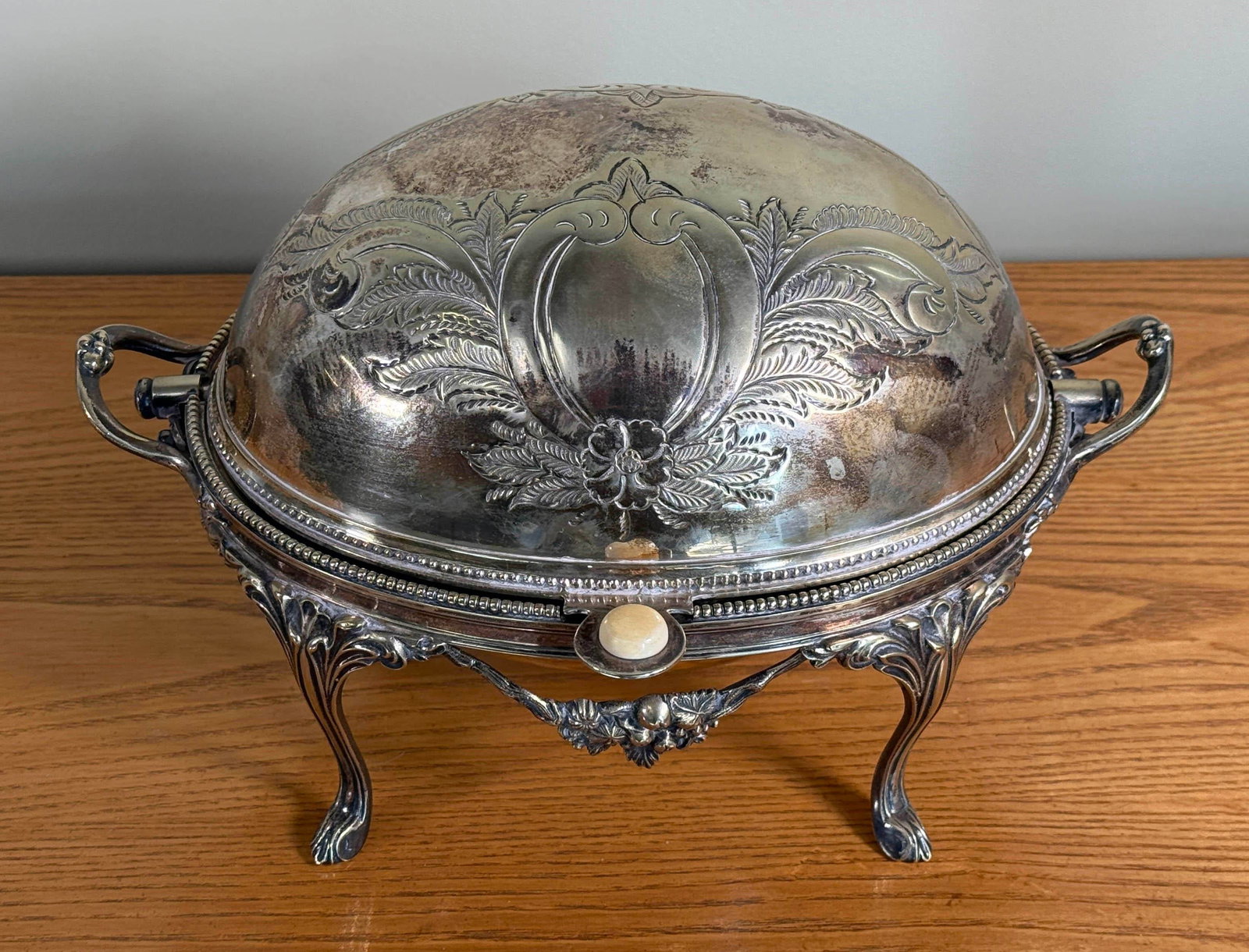 Antique Silver Plated Domed Roll Top Serving Dish W/ Pierced Insert - 7