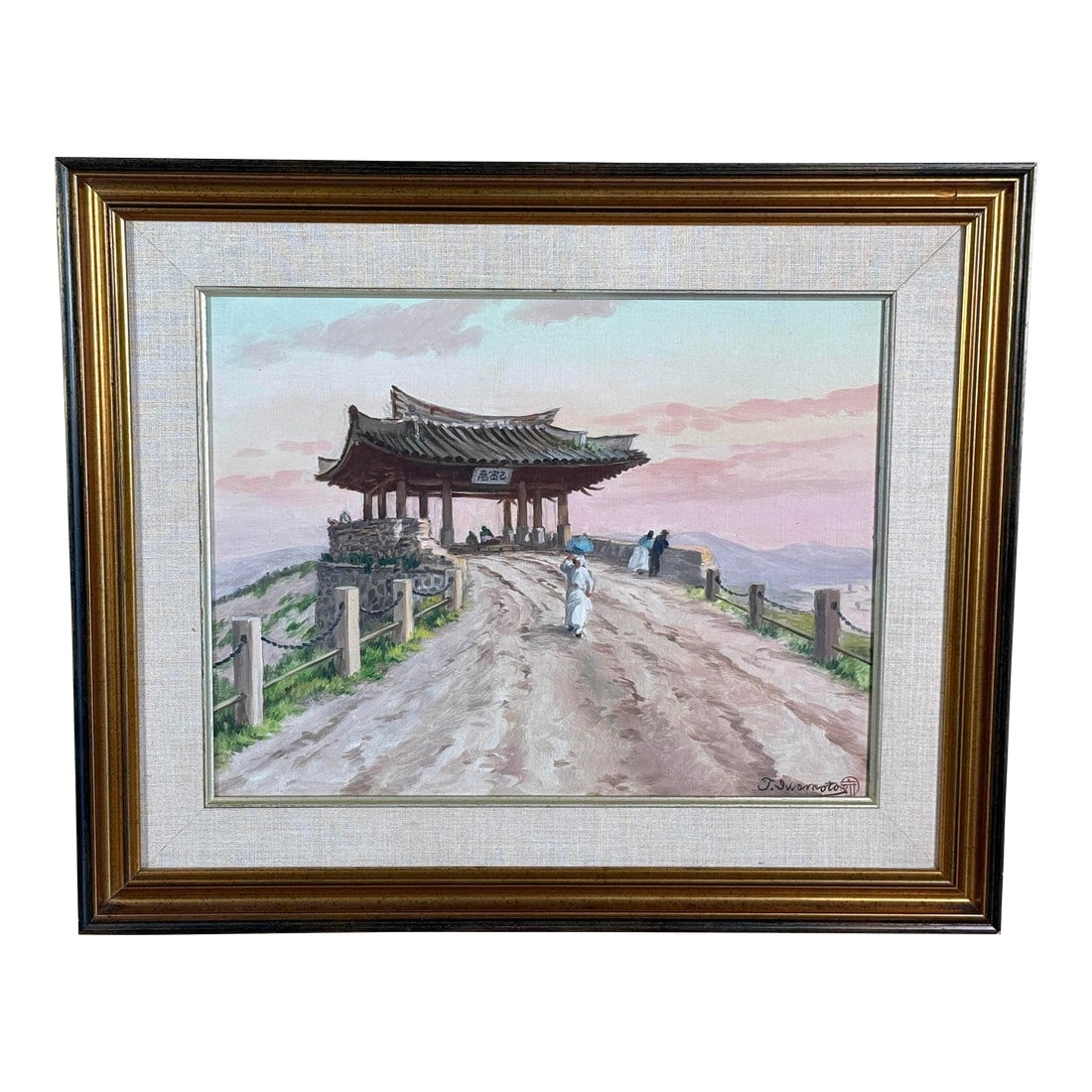 20th Century Oil on Canvas Japanese Temple / Shrine Painting by T. Iwamoto: A tranquil and atmospheric oil painting signed by T. Iwamoto, this work depicts a temple pavilion perched atop a scenic mountain pass at sunset. The brushwork is expressive yet delicate, with soft
