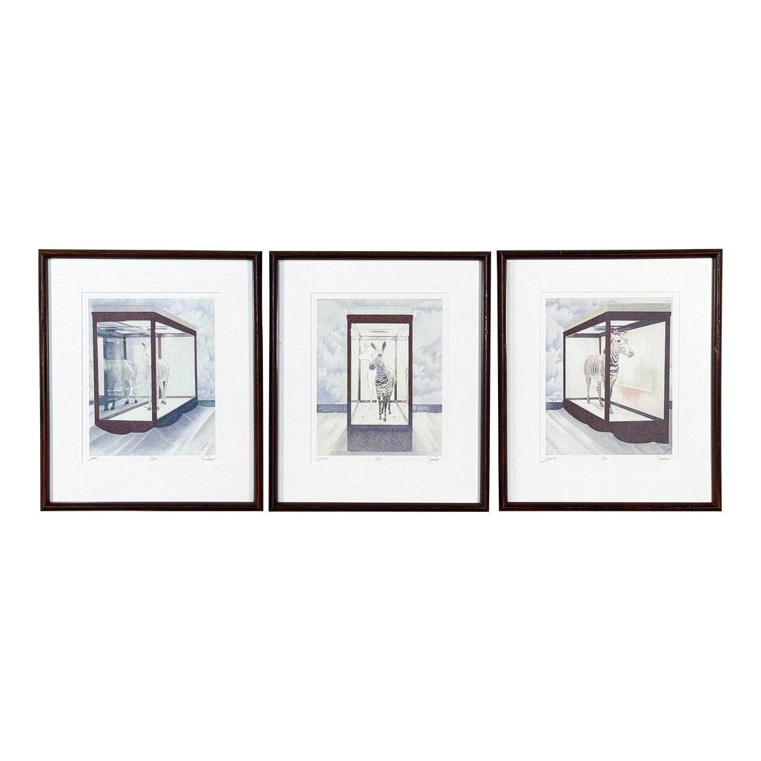 Framed Limited Edition Surrealist Zebra Prints Signed "Rocha '84" - Edition 10/200 - Set of 3: A compelling three piece set of limited edition surrealist prints, each depicting a zebra enclosed within a geometric glass-room structure set against an atmospheric, clouded backdrop. The imagery