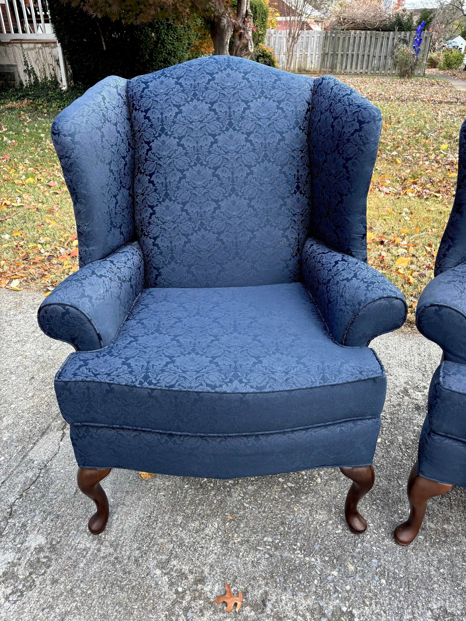 Blue Damask Mahogany Wingback Chairs, a Pair - 2