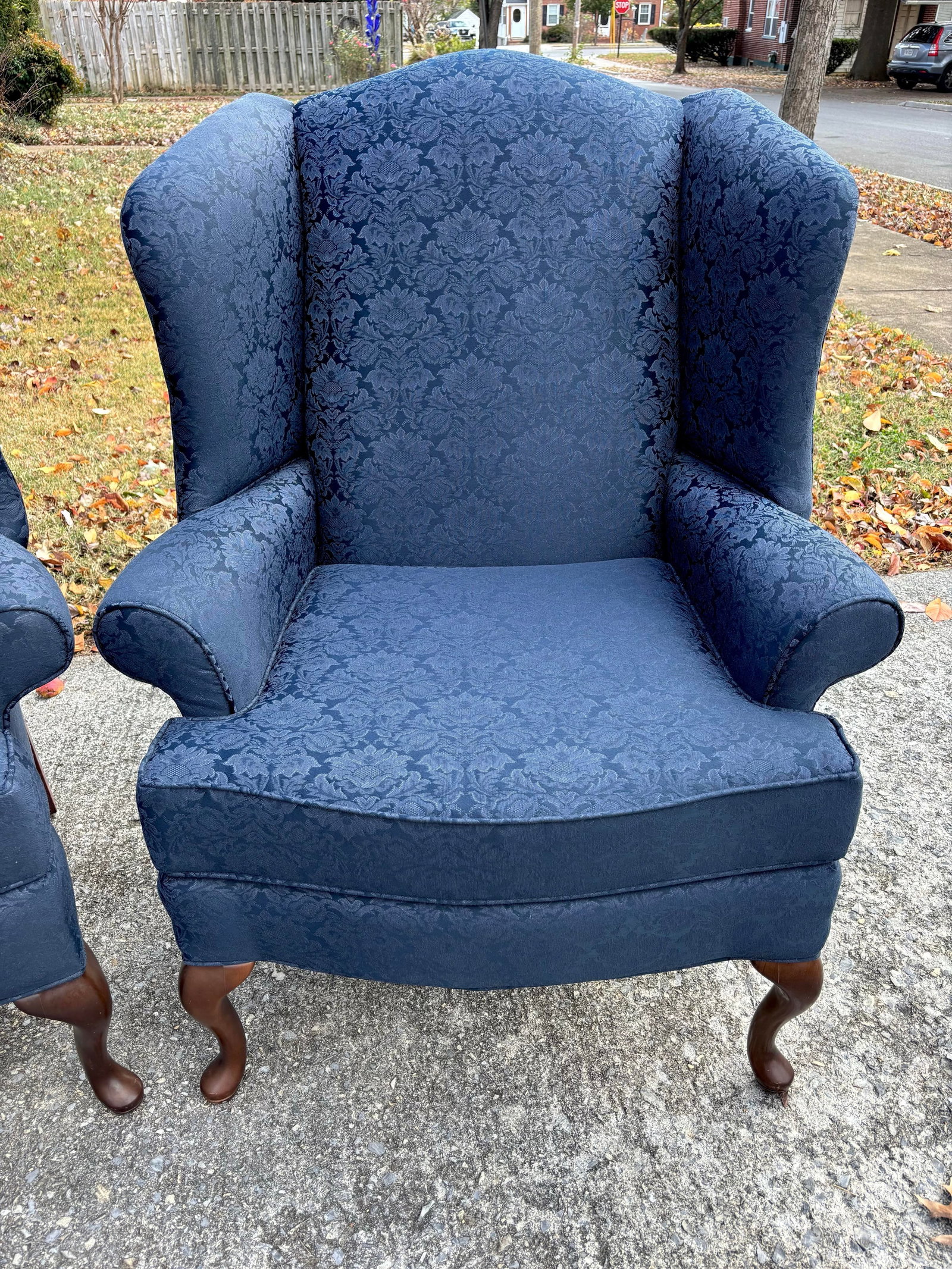 Blue Damask Mahogany Wingback Chairs, a Pair - 3