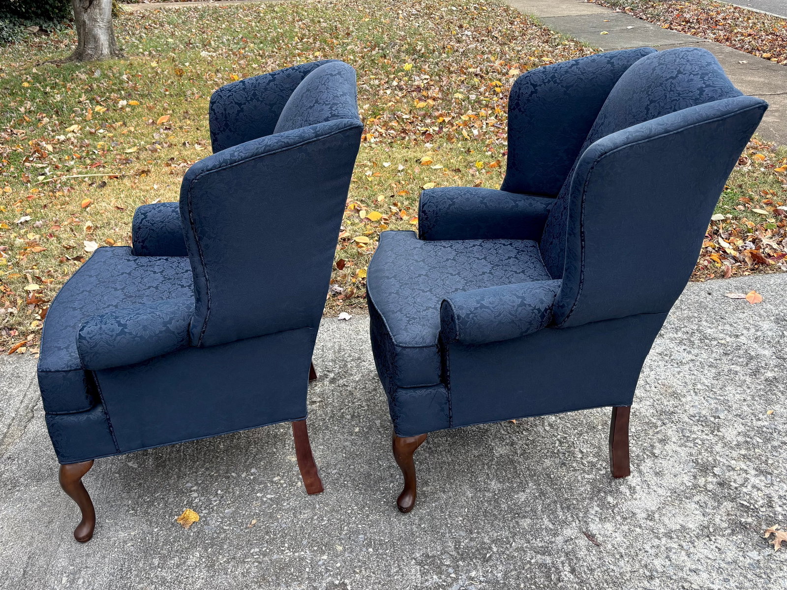 Blue Damask Mahogany Wingback Chairs, a Pair - 4