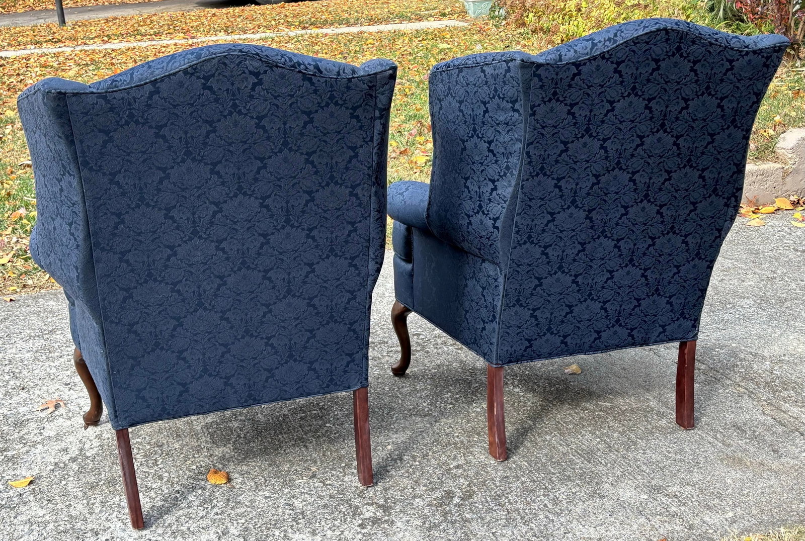 Blue Damask Mahogany Wingback Chairs, a Pair - 5