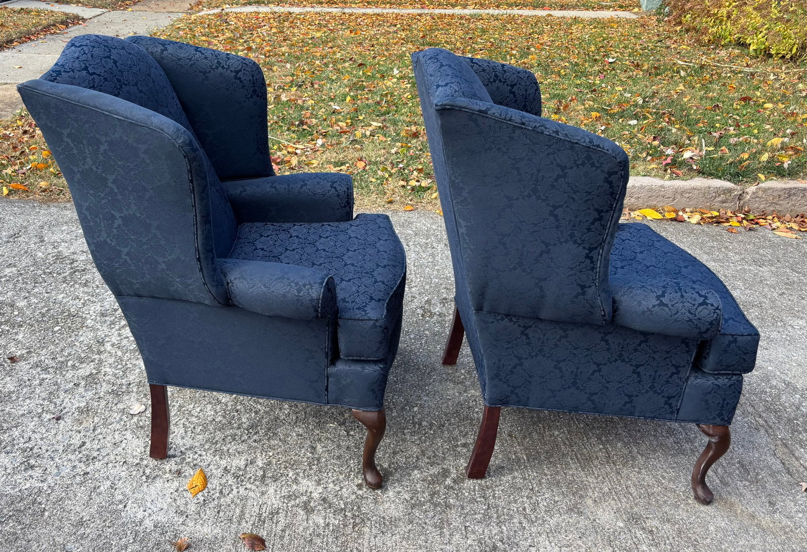 Blue Damask Mahogany Wingback Chairs, a Pair - 6