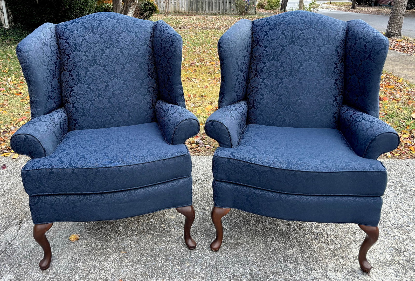 Blue Damask Mahogany Wingback Chairs, a Pair - 7