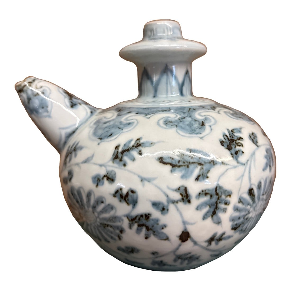 Kendi Antique Pouring Vessel Blue and White: Antique Kendi pouting vessel. In excellent condition 8" long, 7" x 7" Condition: Alterations: Original Condition Unaltered Imperfections: Some Imperfections Condition Notes: No cracks or chips.