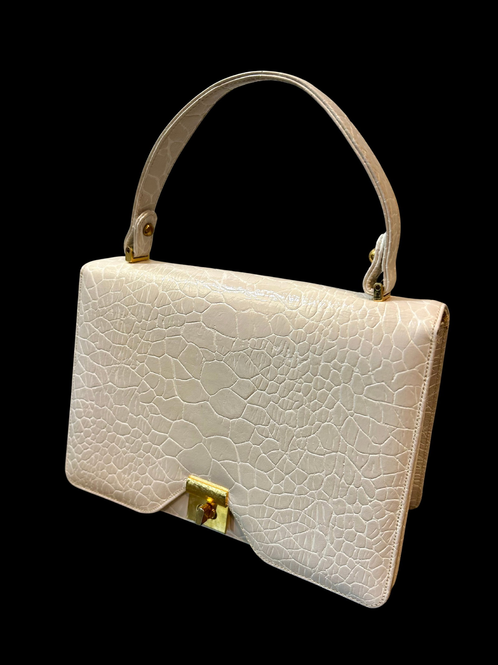 Magda Makkay Vintage White/Ivory Croc-Embossed Leather Handbag – Gold-Tone Clasp, Original - 2