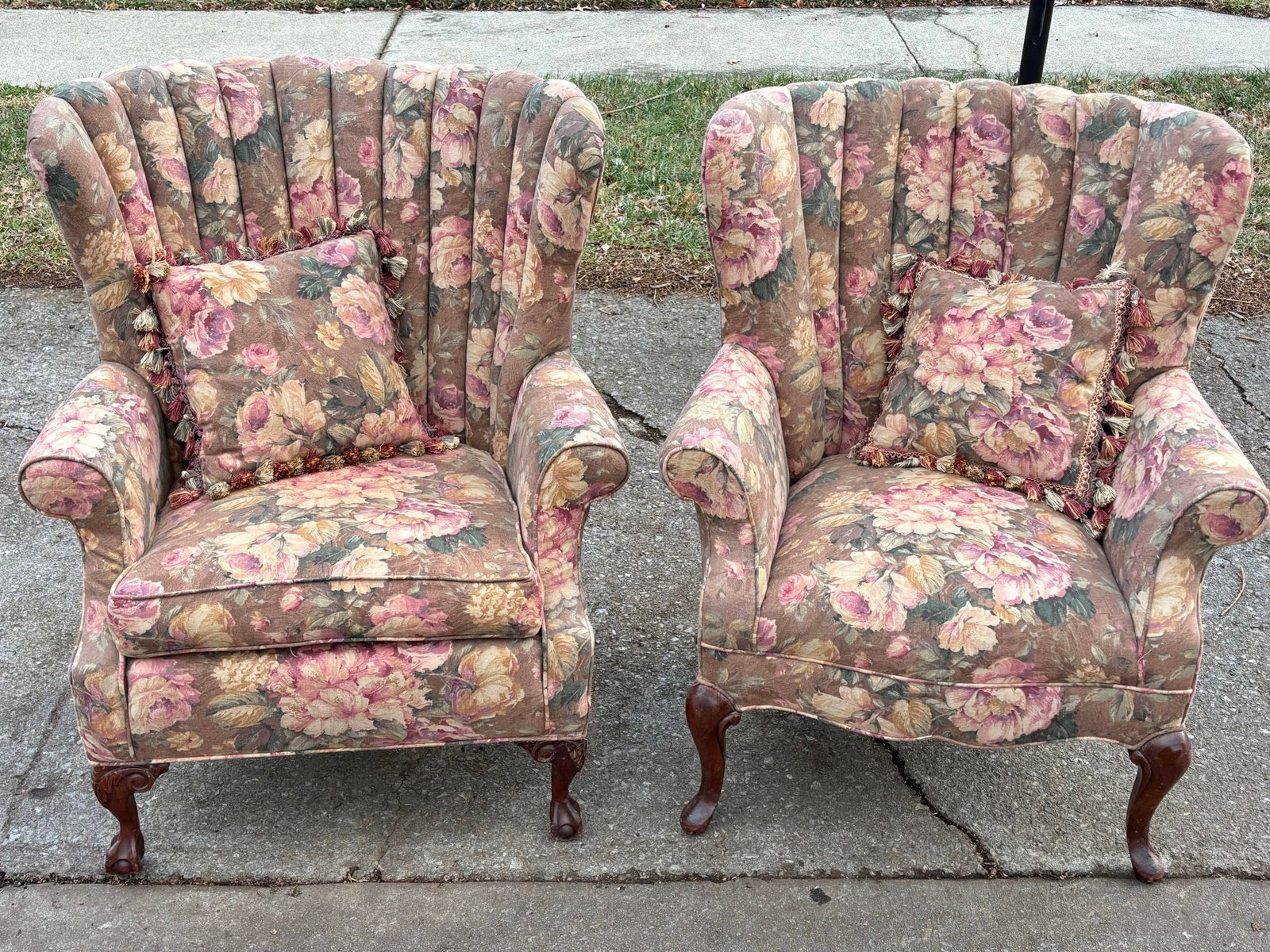 Mid 20th Century French Style Channel Back Upholstered Wing Chairs - A Pair - 12