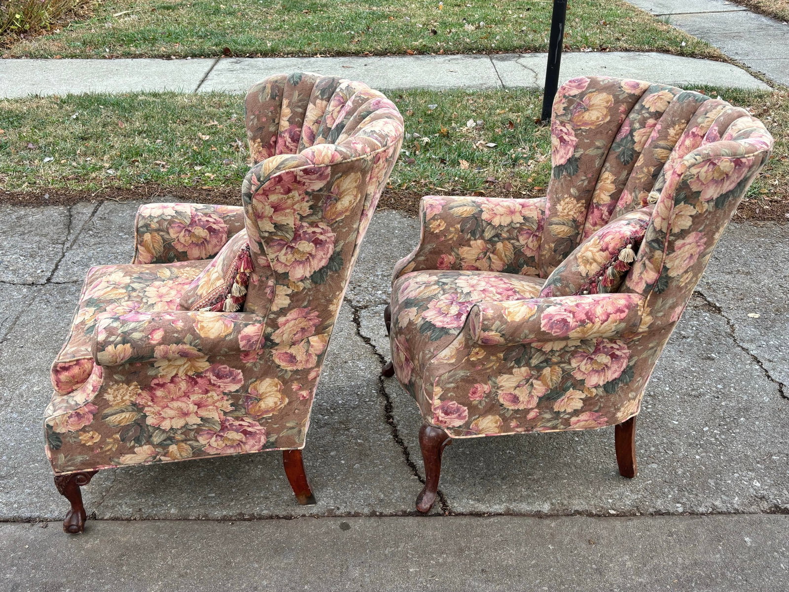 Mid 20th Century French Style Channel Back Upholstered Wing Chairs - A Pair - 7