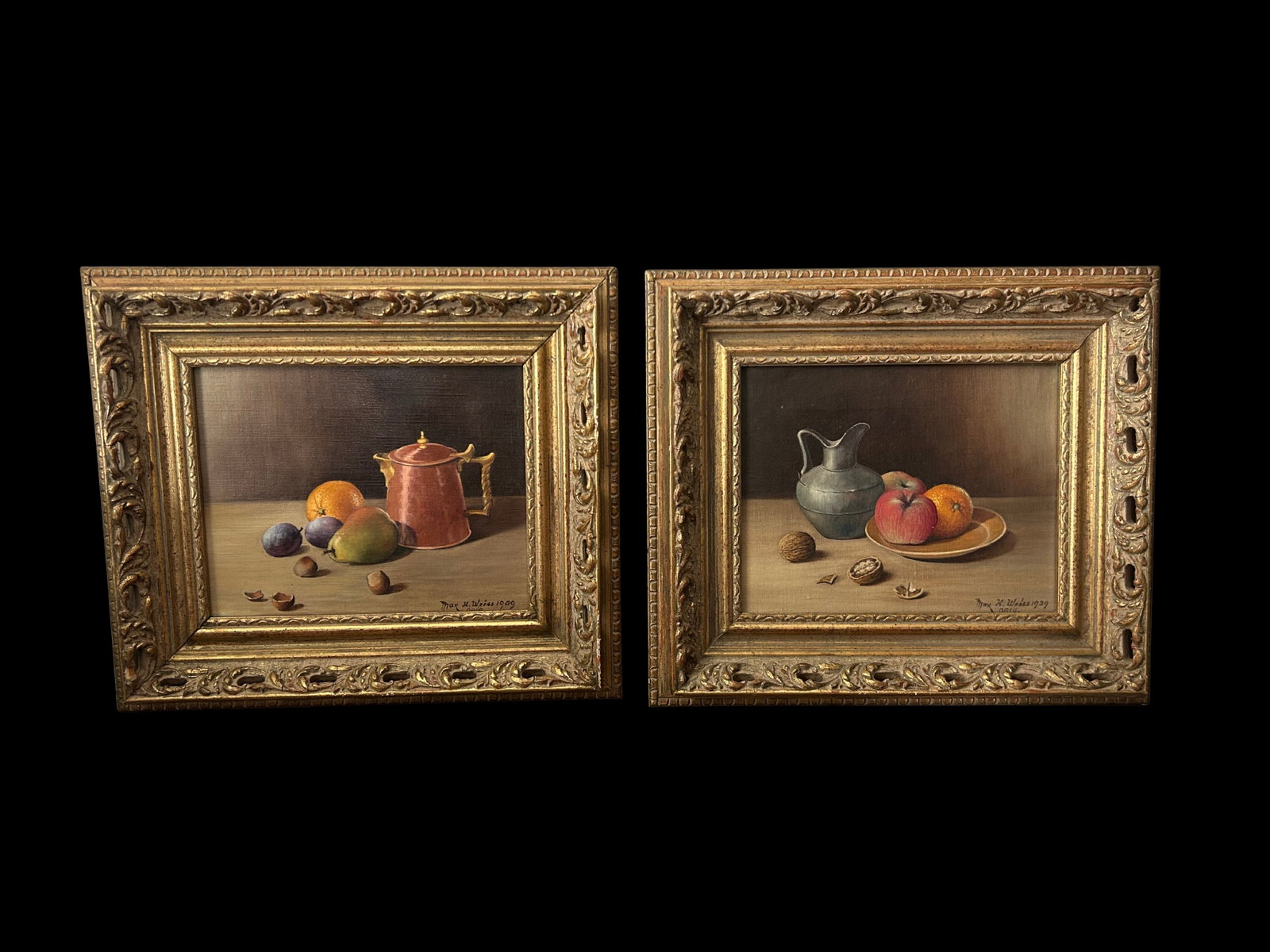 1959 Max H. Weiss Original Still Life Oil Painting – Fruit & Copper Teapot in Ornate Gold - 11