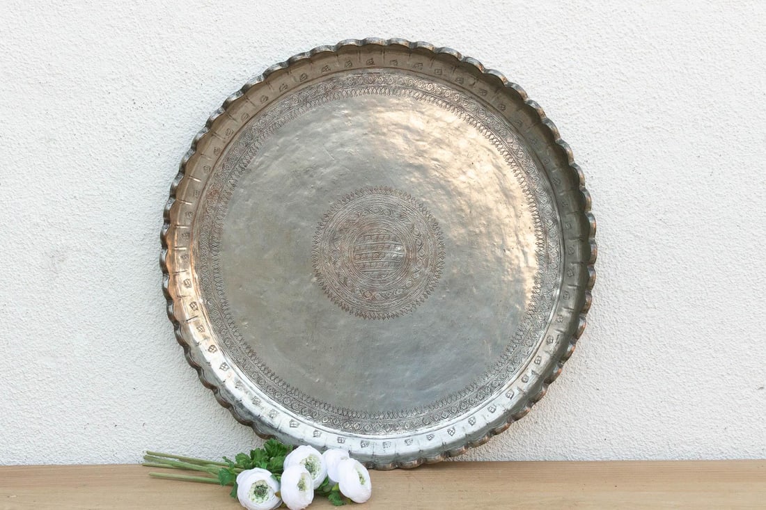 Monumental 26" Dm Antique Tinned Copper Tray - 7