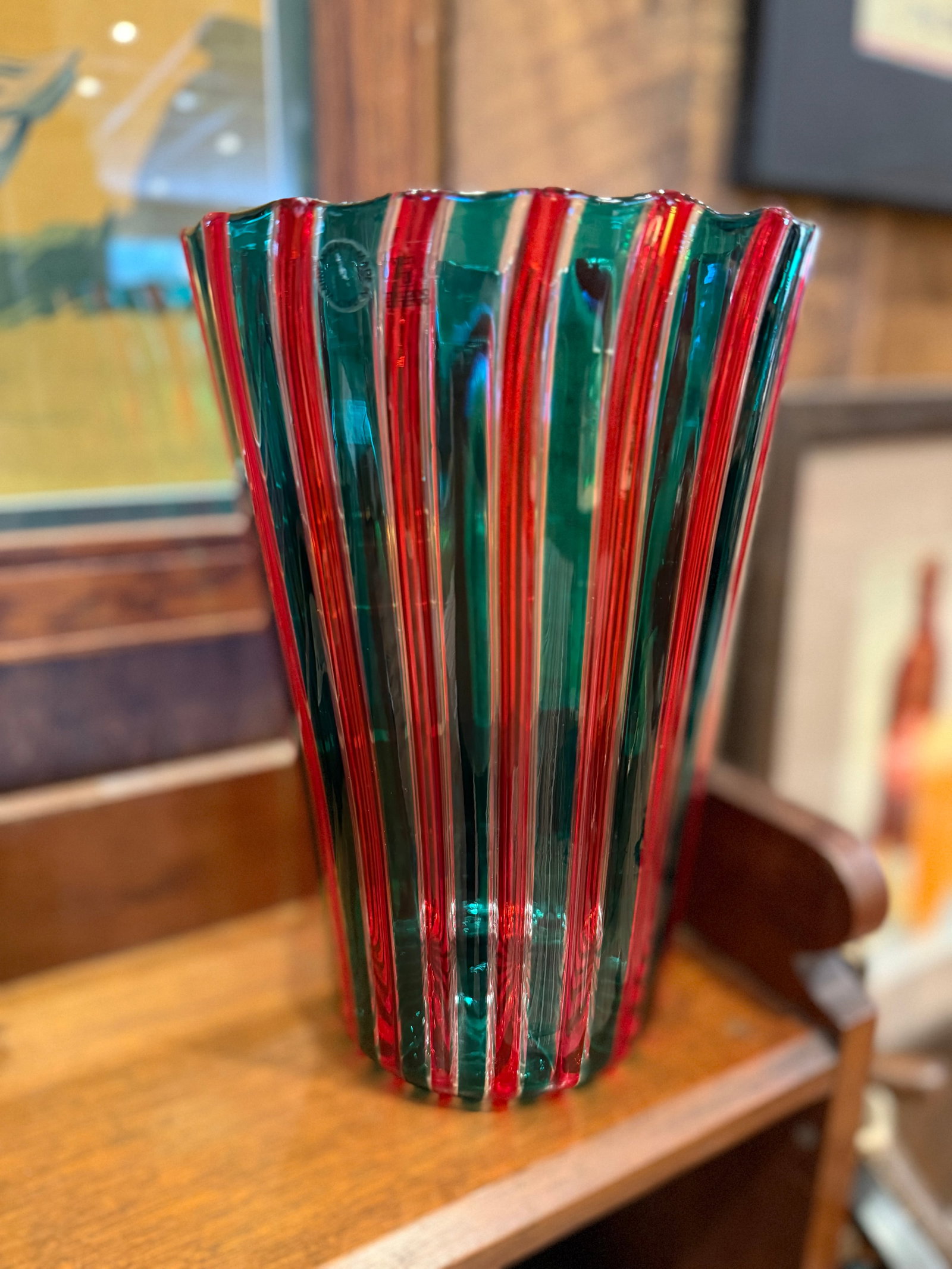Vintage Gio Ponti for Venini Red and Green "A Cane" Glass Vase Murano Italy c.2002 - 2