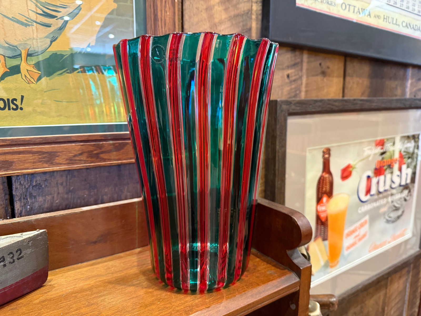 Vintage Gio Ponti for Venini Red and Green "A Cane" Glass Vase Murano Italy c.2002 - 3