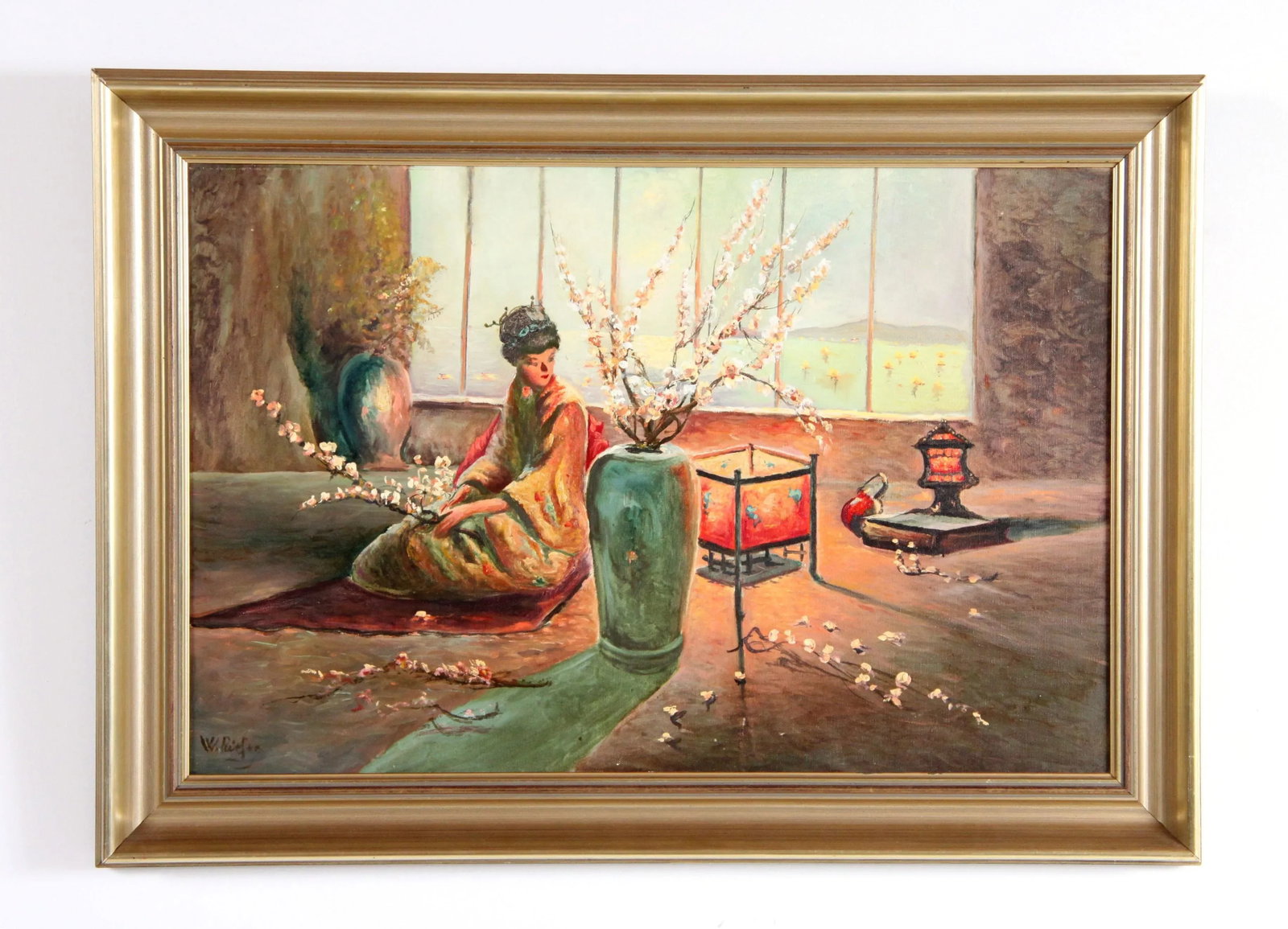 Vintage Oil on Canvas Painting Japanese Woman With Cherry Blossom Tree - 11