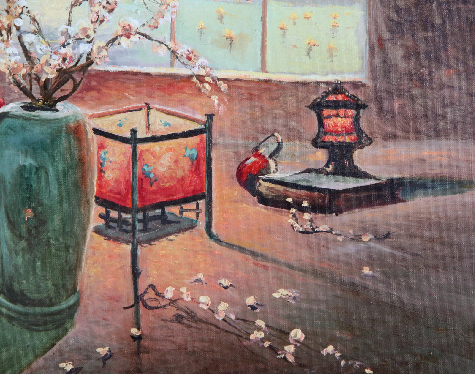 Vintage Oil on Canvas Painting Japanese Woman With Cherry Blossom Tree - 3