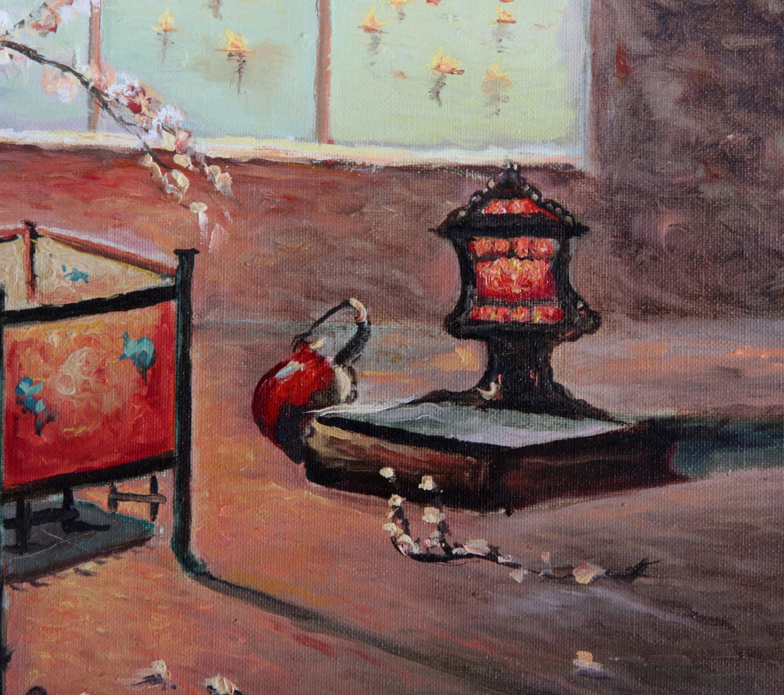 Vintage Oil on Canvas Painting Japanese Woman With Cherry Blossom Tree - 8