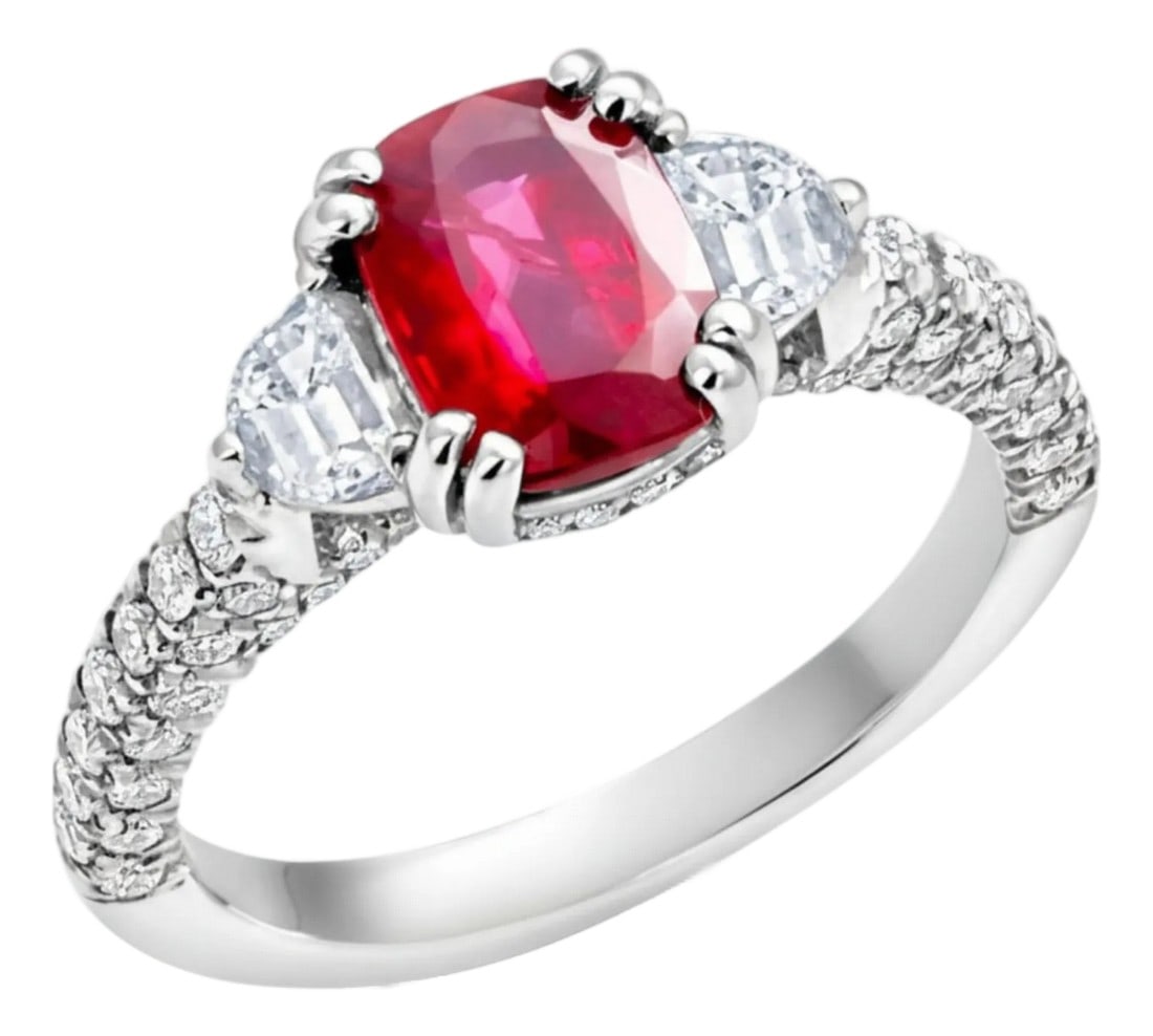 Gia Certified No Heat Cushion Ruby Half Moon Diamond Platinum Cocktail Ring, Size 6.5: Introducing a truly exquisite and one-of-a-kind cocktail ring, adorned with a captivating 1.57-carat cushion-cut ruby, proudly certified by the Gemological Institute of America (GIA) as a NO HEAT