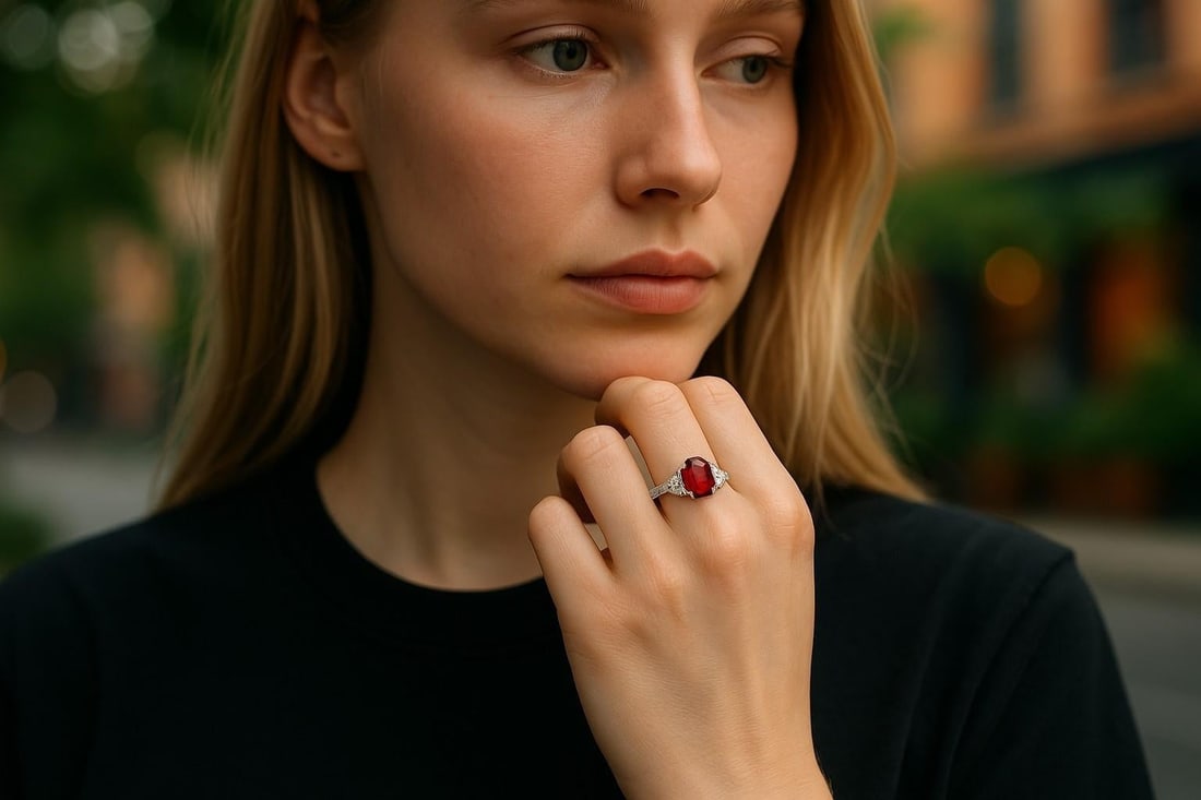 Gia Certified No Heat Cushion Ruby Half Moon Diamond Platinum Cocktail Ring, Size 6.5 - 2