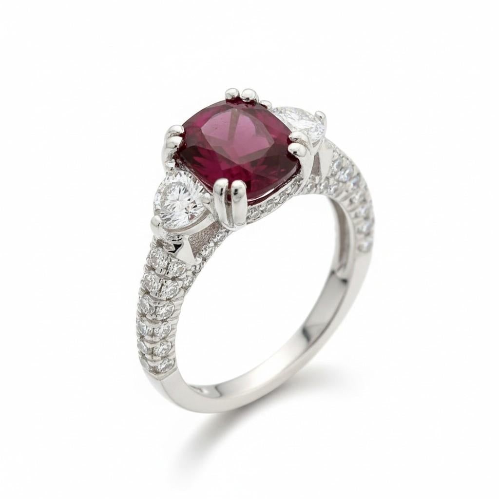 Gia Certified No Heat Cushion Ruby Half Moon Diamond Platinum Cocktail Ring, Size 6.5 - 4