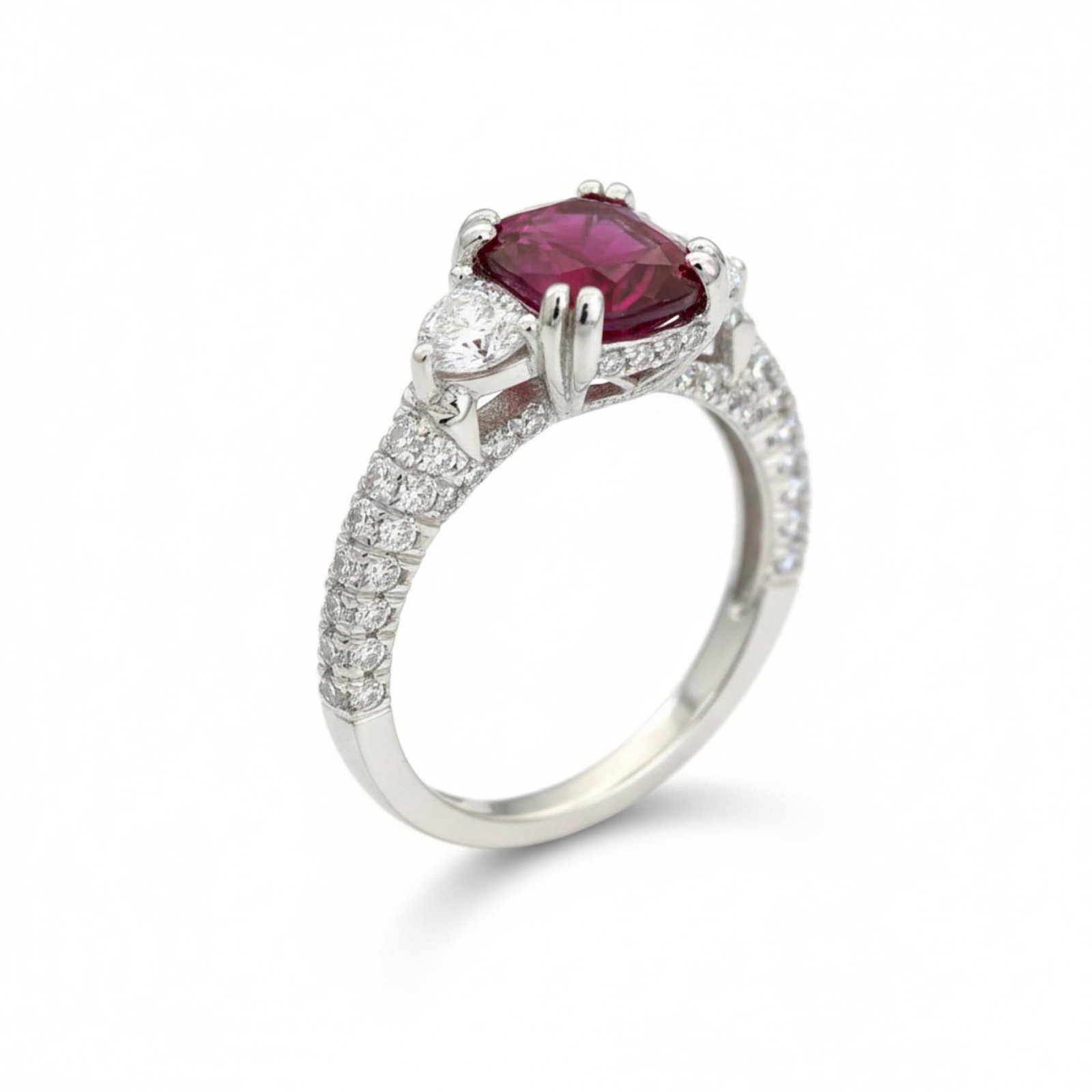Gia Certified No Heat Cushion Ruby Half Moon Diamond Platinum Cocktail Ring, Size 6.5 - 6