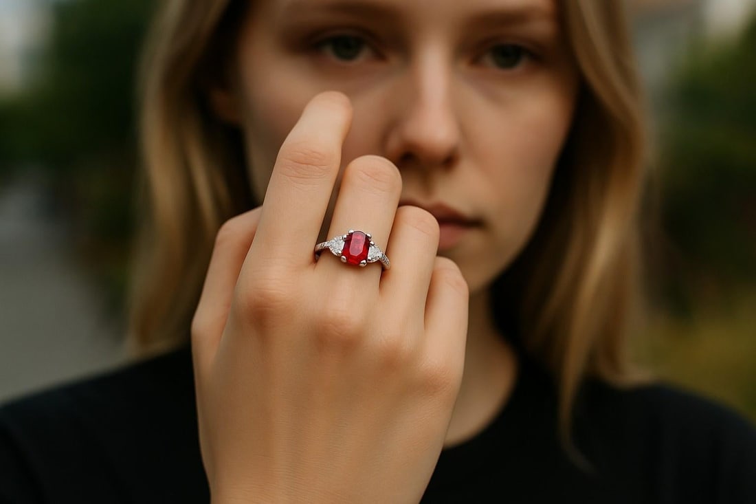Gia Certified No Heat Cushion Ruby Half Moon Diamond Platinum Cocktail Ring, Size 6.5 - 9