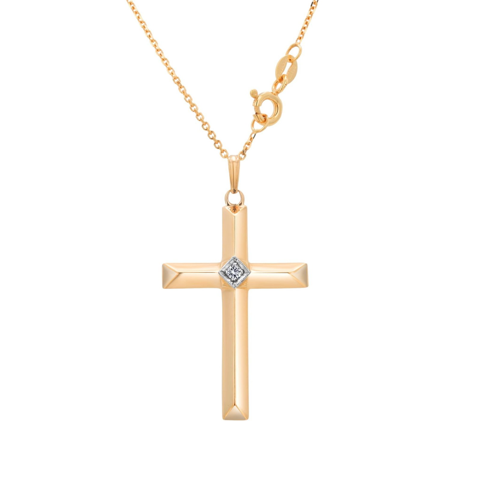 14k Yellow Gold Cross Pendant With Diamond and Chain - 6