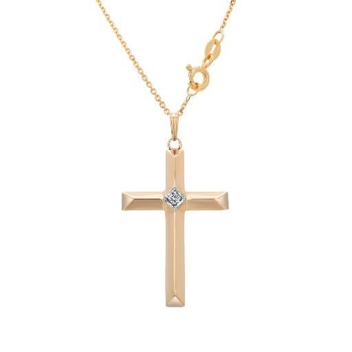 14k Yellow Gold Cross Pendant With Diamond and Chain - 7