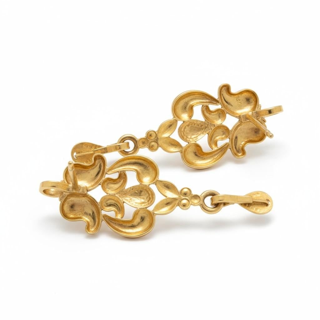 1980s Rare 19k Yellow Gold Vintage Floral Drop Earrings, A Pair - 10