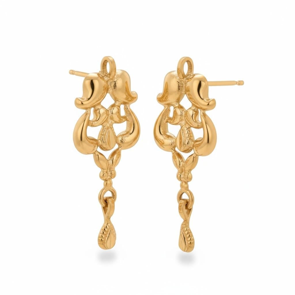 1980s Rare 19k Yellow Gold Vintage Floral Drop Earrings, A Pair - 11