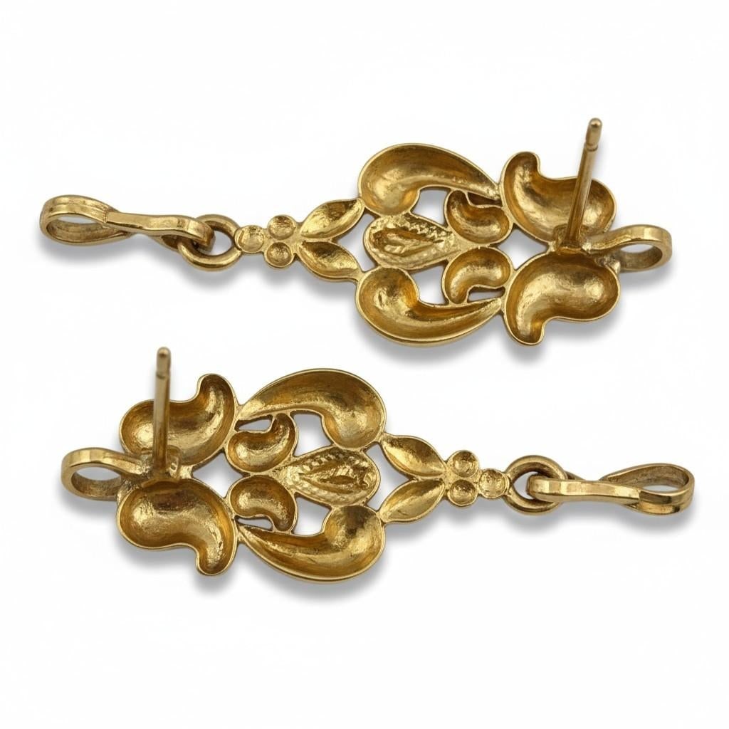 1980s Rare 19k Yellow Gold Vintage Floral Drop Earrings, A Pair - 12
