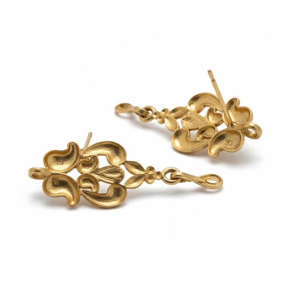 1980s Rare 19k Yellow Gold Vintage Floral Drop Earrings, A Pair - 4