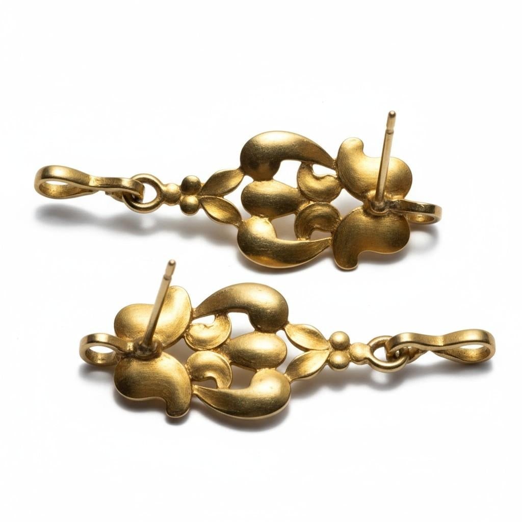 1980s Rare 19k Yellow Gold Vintage Floral Drop Earrings, A Pair - 6