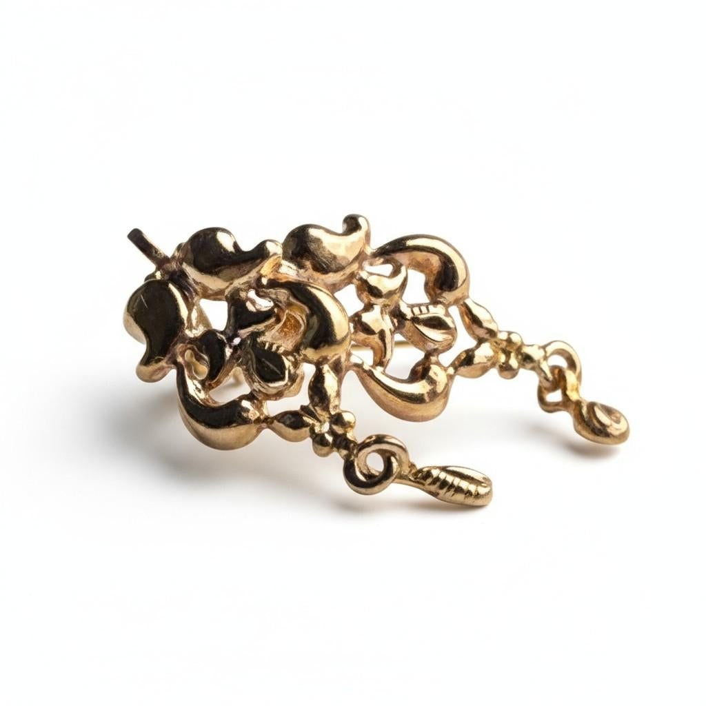 1980s Rare 19k Yellow Gold Vintage Floral Drop Earrings, A Pair - 7
