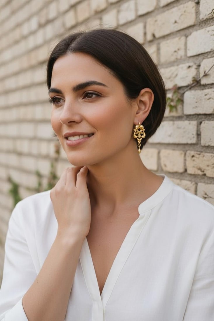 1980s Rare 19k Yellow Gold Vintage Floral Drop Earrings, A Pair - 8