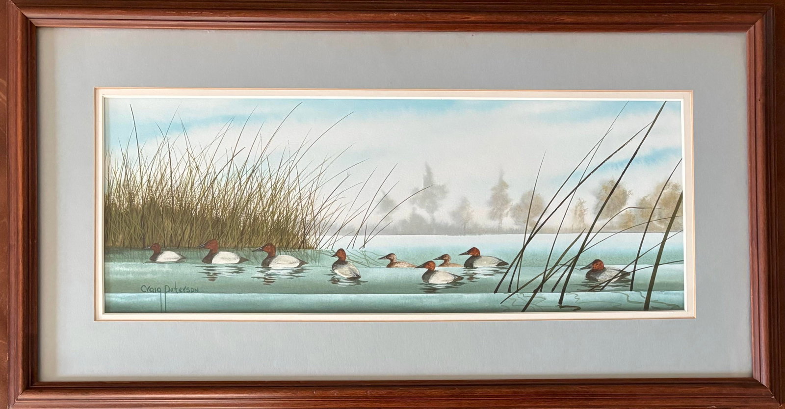 Canvasback Duck Watercolor Landscape by American Artist Craig Peterson (1946-2024), Framed - 11