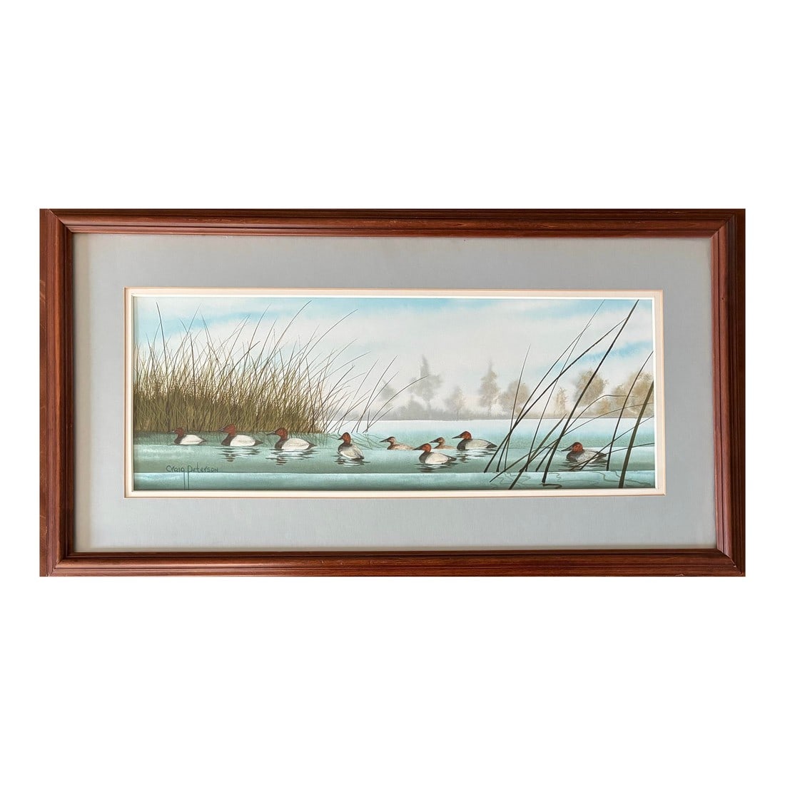 Canvasback Duck Watercolor Landscape by American Artist Craig Peterson (1946-2024), Framed: Masterful original watercolor painting by American artist Craig Peterson (1946-2024). Features a flock of floating canvasback ducks among tall reed grasses. Precise and careful handling of each