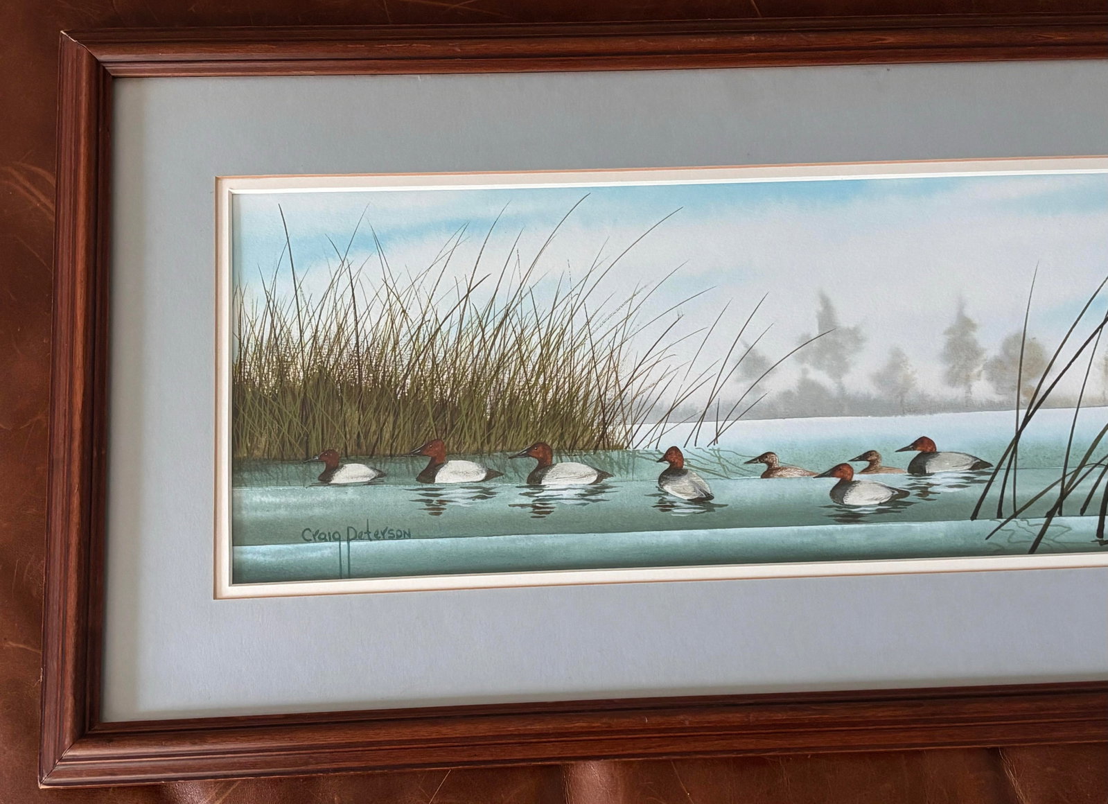 Canvasback Duck Watercolor Landscape by American Artist Craig Peterson (1946-2024), Framed - 4