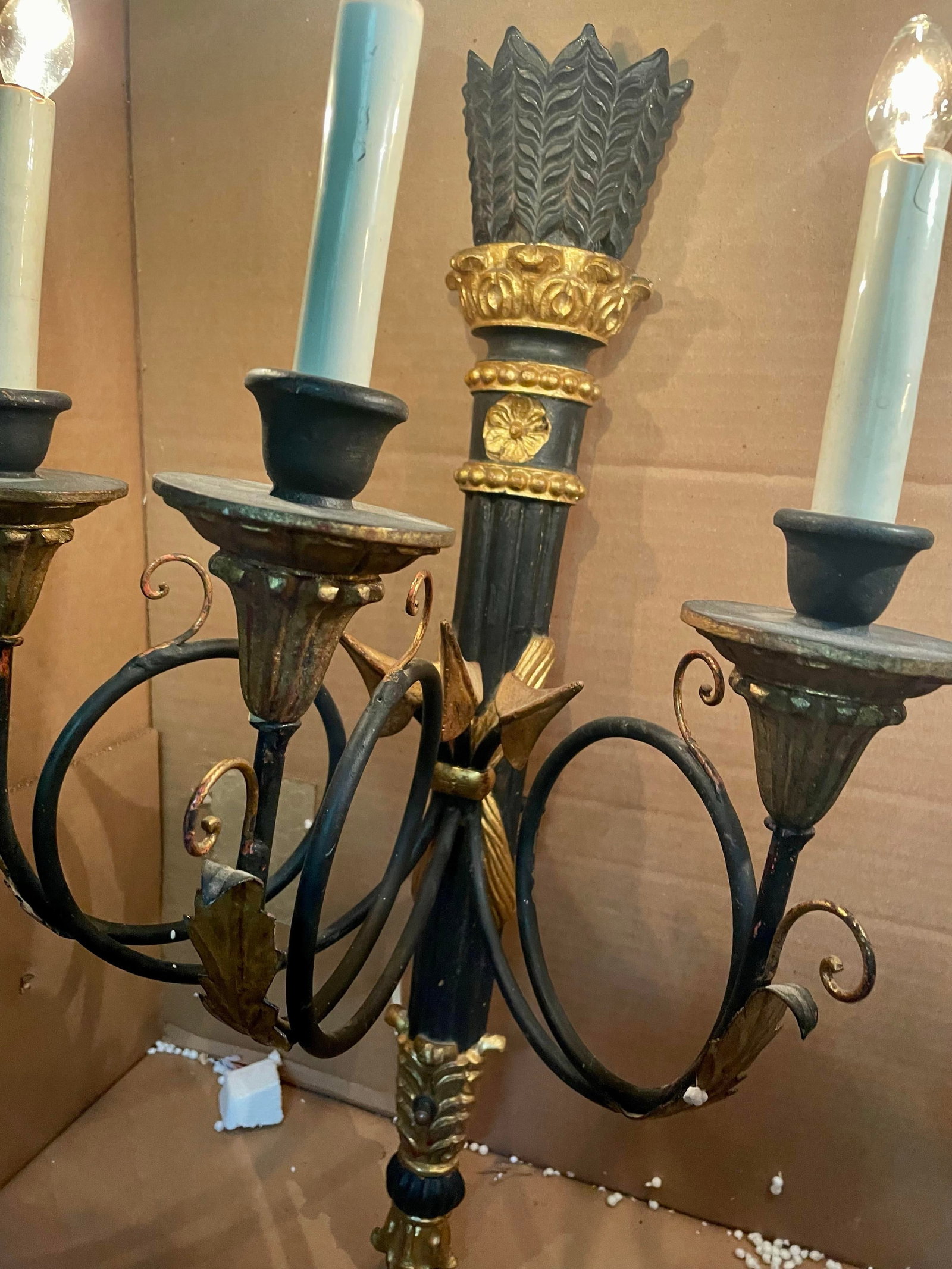 Pair Neoclassic Italian Carved Wood Iron Black Gold Painted Arrow Wall Sconces - 11