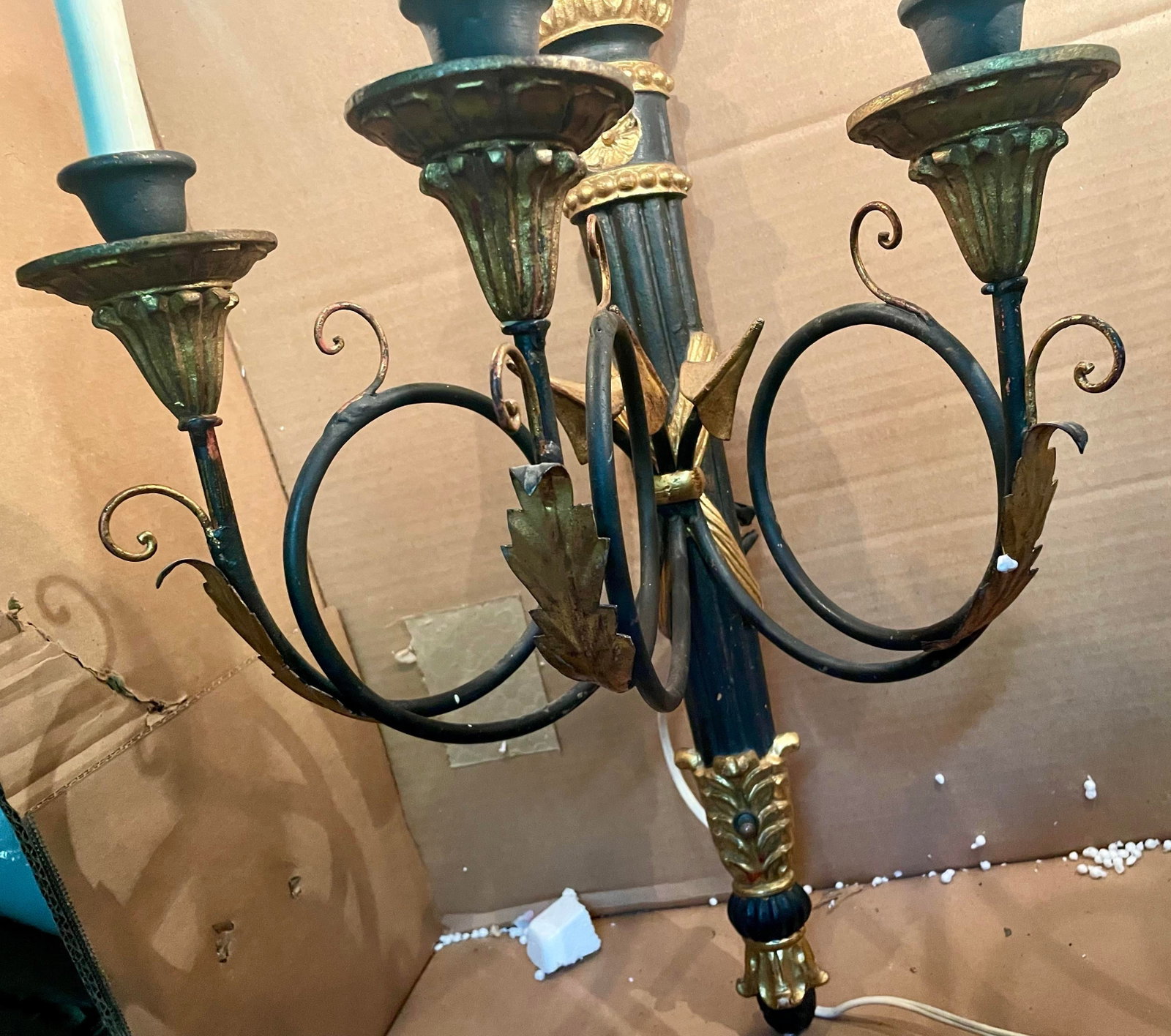 Pair Neoclassic Italian Carved Wood Iron Black Gold Painted Arrow Wall Sconces - 12