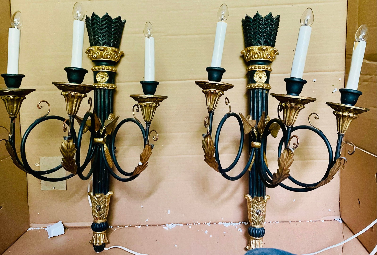 Pair Neoclassic Italian Carved Wood Iron Black Gold Painted Arrow Wall Sconces - 3