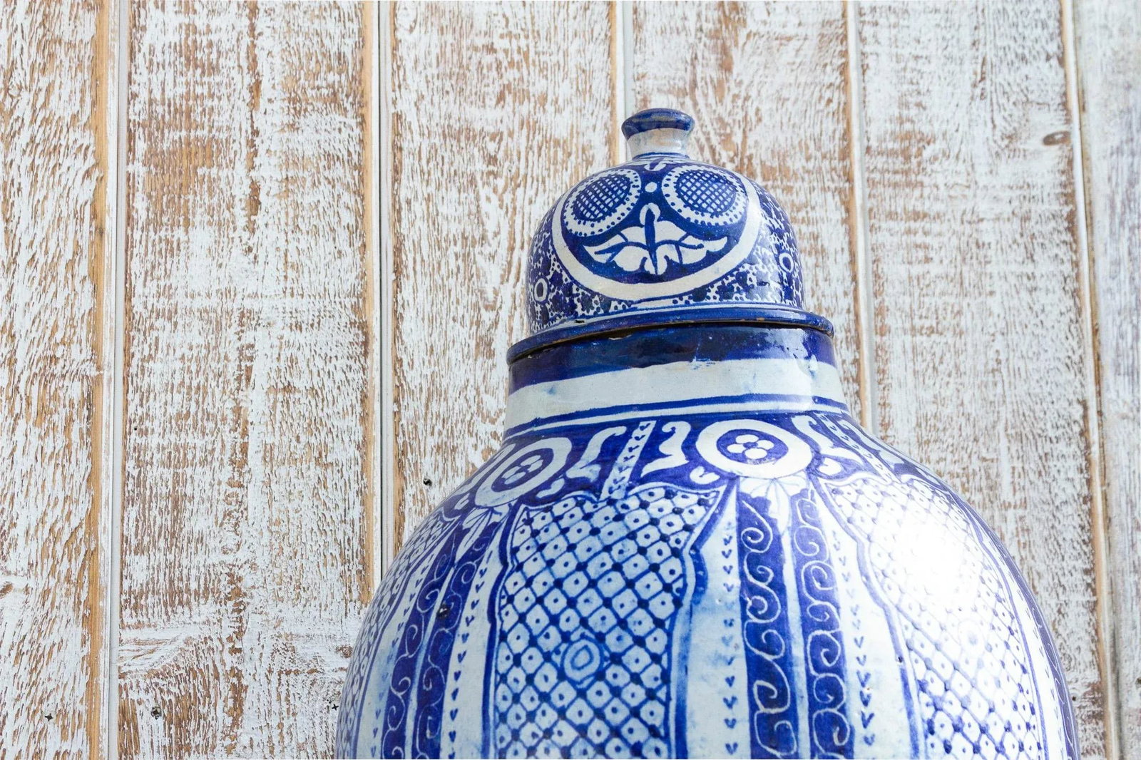 Vintage Blue & White Moroccan Jar With Lid - 5