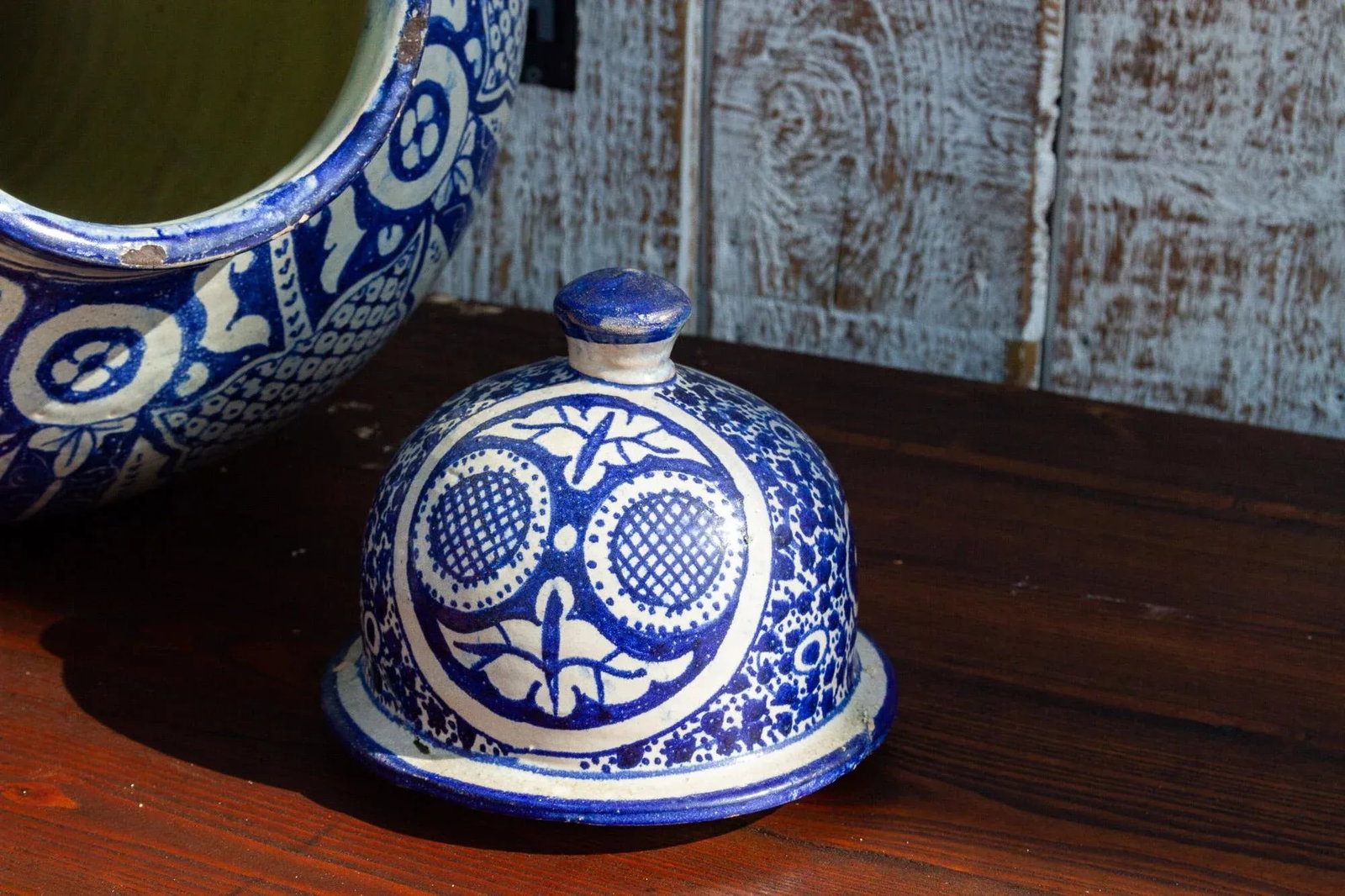 Vintage Blue & White Moroccan Jar With Lid - 8