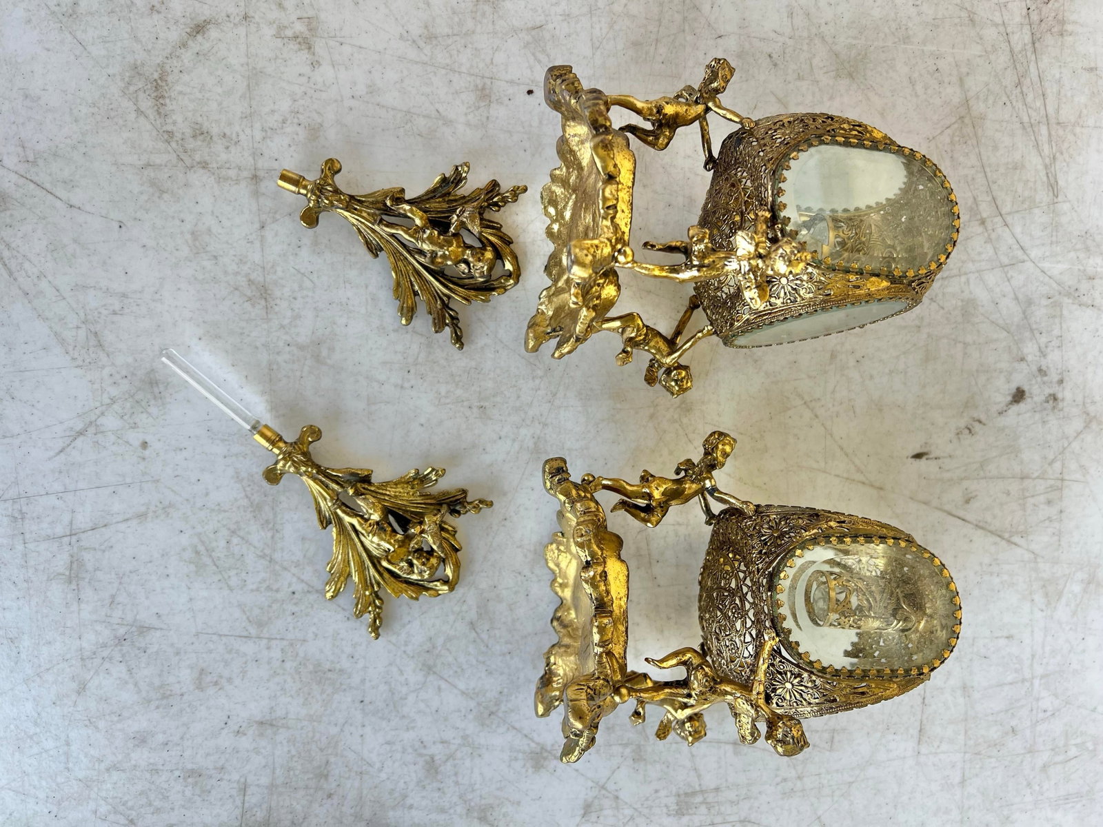 Antique Figaro Metal Glass, Perfume Bottles Pair - 6