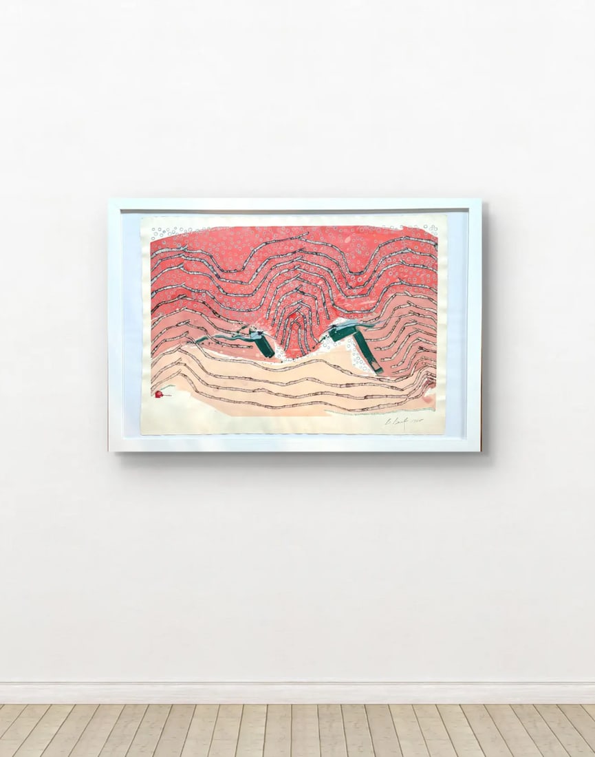 Barbara Beck Framed 1988 Abstract Painting on Paper - Signed/Dated/Framed in White Wood - 2